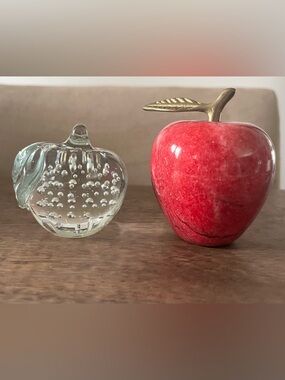 Set of 2 Vintage Decorative Art Glass & Brass Marble Apples paperweight